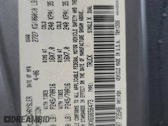 2006 Dodge Dakota ST z VIN 1D7HE28KX6S656473, wystawiony jako Copart lot #70187505 z przebiegiem 152 082 mil mil oraz Szkoda całkowita • Salvage title. Historia ofert i sprzedaży dostępna na DreamBid. Obrazek 12.