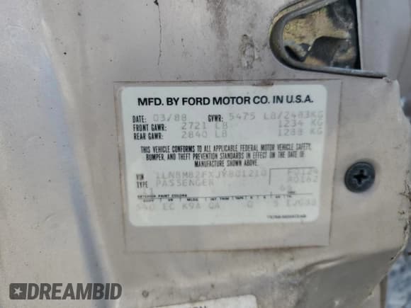 ✅ 1988 Lincoln Town Car • VIN: 1LNBM82FXJY801210 • Lot: 63305325. Listed on Copart with 92,906 mi. Free auction sales archive from the USA and detailed vehicle history report at DreamBid. Image 12.