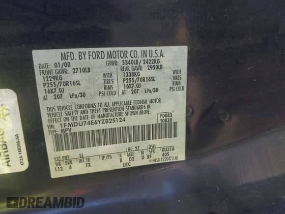 ✅ 2000 Ford Explorer Eddie Bauer • VIN: 1FMDU74E6YZB25124 • Lot: 41705960. Wystawiony na IAAI z przebiegiem 204 513 mil. Bezpłatny archiwum sprzedaży aukcyjnych z USA i szczegółowy raport historii pojazdu na DreamBid. Zdjęcie 9.