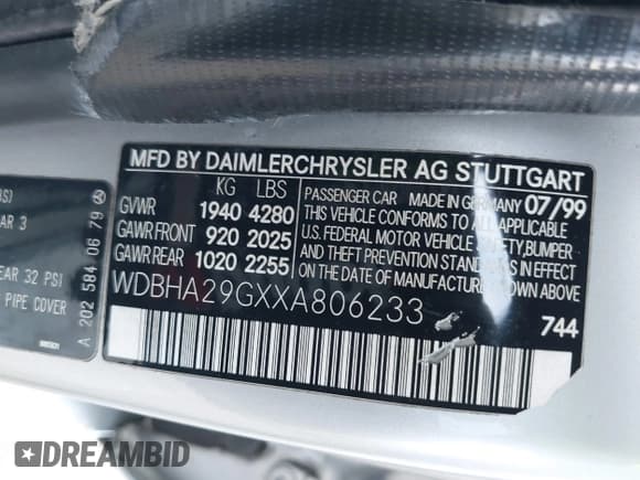 ✅ 1999 Mercedes-Benz C 230/260/280/320 • VIN: WDBHA29GXXA806233 • Lot: 42729874. Listed on IAAI with 312,956 mi. Free auction sales archive from the USA and detailed vehicle history report at DreamBid. Image 9.