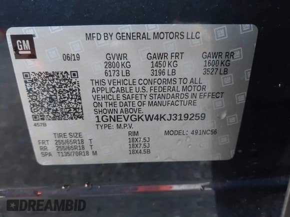 ✅ 2019 Chevrolet Traverse LT Cloth • VIN: 1GNEVGKW4KJ319259 • Lot: 43469573. Wystawiony na IAAI z przebiegiem 70 593 mil. Bezpłatny archiwum sprzedaży aukcyjnych z USA i szczegółowy raport historii pojazdu na DreamBid. Zdjęcie 9.