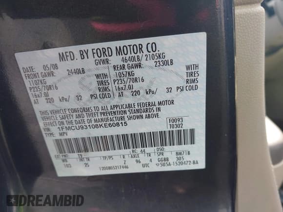 ✅ 2008 Ford Escape XLT • VIN: 1FMCU93108KE60815 • Lot: 42504139. Listed on IAAI with 138,911 mi. Free auction sales archive from the USA and detailed vehicle history report at DreamBid. Image 9.