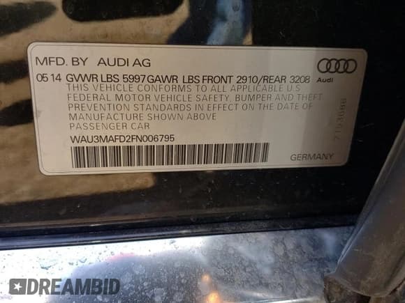 ✅ 2015 Audi A8 3.0L TDI • VIN: WAU3MAFD2FN006795 • Lot: 51791283. Listed on Copart with 106,415 mi. Free auction sales archive from the USA and detailed vehicle history report at DreamBid. Image 12.