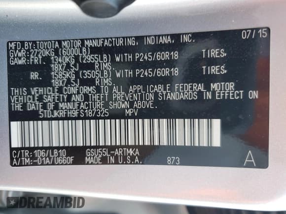 ✅ 2015 Toyota Highlander XLE • VIN: 5TDJKRFH9FS187325 • Lot: 86814425. Listed on Copart with 98,057 mi. Free auction sales archive from the USA and detailed vehicle history report at DreamBid. Image 14.