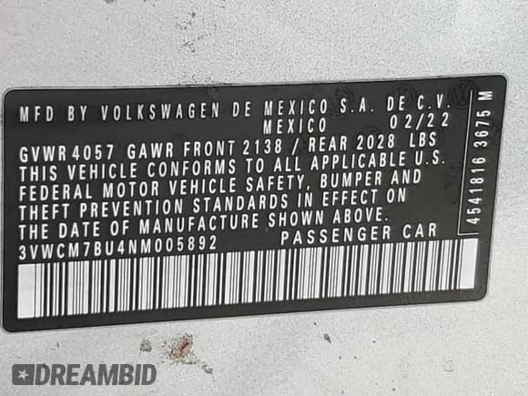 ✅ 2022 Volkswagen Jetta S • VIN: 3VWCM7BU4NM005892 • Lot: 57645845. Listed on Copart with 64,430 mi. Free auction sales archive from the USA and detailed vehicle history report at DreamBid. Image 12.