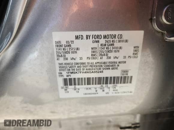 2022 Ford Explorer Limited with VIN 1FMSK7FH4NGA95245, listed as a Copart auction lot 85763455 with 57,267 mi miles and Non repairable. Bid and sale history available at DreamBid. Image 13.