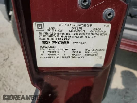 ✅ 2000 Chevrolet Silverado 1500 • VIN: 1GCEK14WXYZ198856 • Lot: 58851185. Listed on Copart with 223,406 mi. Free auction sales archive from the USA and detailed vehicle history report at DreamBid. Image 12.