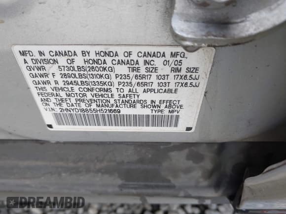 ✅ 2005 Acura MDX Touring • VIN: 2HNYD18855H521669 • Lot: 42571823. Listed on IAAI with 326,146 mi. Free auction sales archive from the USA and detailed vehicle history report at DreamBid. Image 9.