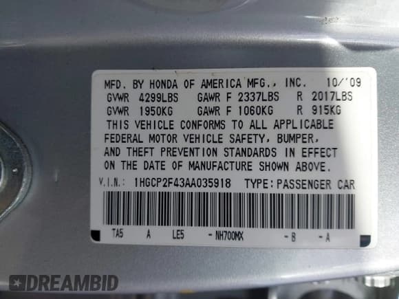 ✅ 2010 Honda Accord LX-P • VIN: 1HGCP2F43AA035918 • Lot: 43713299. Listed on IAAI with 160,177 mi. Free auction sales archive from the USA and detailed vehicle history report at DreamBid. Image 9.