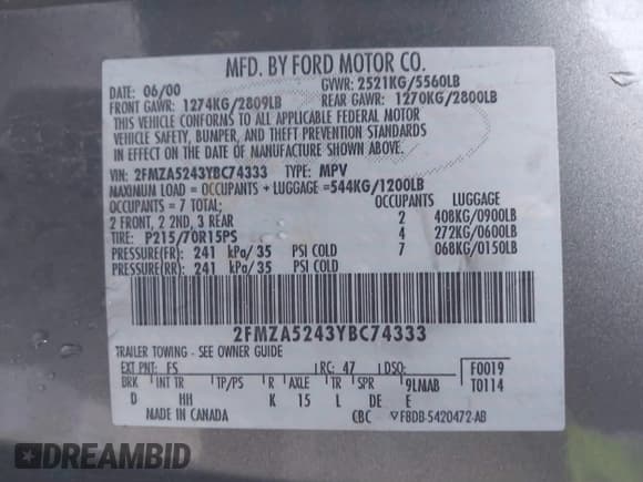 ✅ 2000 Ford Windstar SE • VIN: 2FMZA5243YBC74333 • Lot: 41681858. Listed on IAAI with Not provided. Free auction sales archive from the USA and detailed vehicle history report at DreamBid. Image 9.