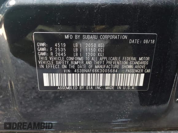 ✅ 2019 Subaru Legacy Premium • VIN: 4S3BNAF66K3005684 • Lot: 42551315. Listed on IAAI with 99,800 mi. Free auction sales archive from the USA and detailed vehicle history report at DreamBid. Image 9.