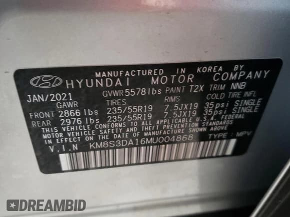 ✅ 2021 Hyundai Santa Fe SEL Premium • VIN: KM8S3DA16MU004868 • Lot: 31124912. Wystawiony na Copart z przebiegiem 7 146 mil. Bezpłatny archiwum sprzedaży aukcyjnych z USA i szczegółowy raport historii pojazdu na DreamBid. Zdjęcie 10.