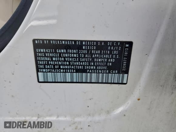 ✅ 2012 Volkswagen Jetta SE • VIN: 3VWDP7AJ3CM418354 • Lot: 92999265. Listed on Copart with 215,745 mi. Free auction sales archive from the USA and detailed vehicle history report at DreamBid. Image 12.