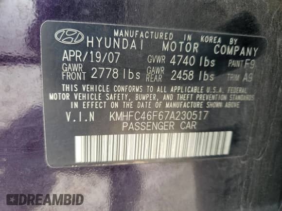 2007 Hyundai Azera SE с VIN KMHFC46F67A230517, выставлен на аукционе Copart как лот 57025325 с пробегом 208 644 миль миль и Списание • Salvage title. История ставок и продаж доступна на DreamBid. Изображение 12.