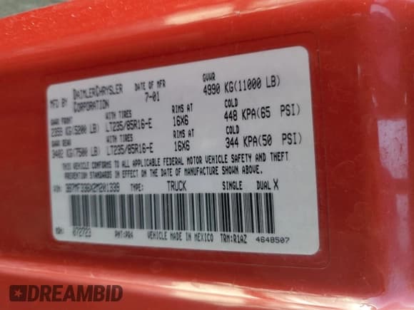 ✅ 2002 Dodge 3500 • VIN: 3B7MF336X2M201339 • Lot: 53582875. Listed on Copart with Not provided. Free auction sales archive from the USA and detailed vehicle history report at DreamBid. Image 14.