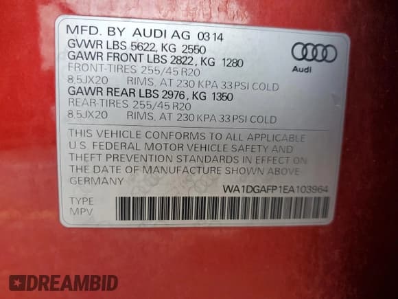 ✅ 2014 Audi Q5 Premium Plus • VIN: WA1DGAFP1EA103964 • Lot: 84779865. Listed on Copart with 148,536 mi. Free auction sales archive from the USA and detailed vehicle history report at DreamBid. Image 13.