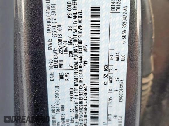 ✅ 2020 Ford Escape SEL • VIN: 1FMCU0H68LUC36947 • Lot: 85499795. Listed on Copart with 54,745 mi. Free auction sales archive from the USA and detailed vehicle history report at DreamBid. Image 14.