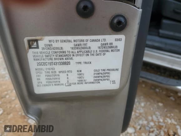 ✅ 2003 Chevrolet Silverado 1500 LT • VIN: 2GCEC19T431338820 • Lot: 83818785. Listed on Copart with 193,177 mi. Free auction sales archive from the USA and detailed vehicle history report at DreamBid. Image 12.