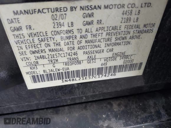 ✅ 2007 Nissan Altima SE • VIN: 1N4BL21E57C174246 • Lot: 41134325. Wystawiony na IAAI z przebiegiem 188 067 mil. Bezpłatny archiwum sprzedaży aukcyjnych z USA i szczegółowy raport historii pojazdu na DreamBid. Zdjęcie 9.