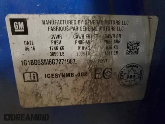 2016 Chevrolet Cruze LT с VIN 1G1BD5SM6G7271987, выставлен на аукционе Copart как лот 44305915 с пробегом 101 605 миль миль и Чистый • Clean title. История ставок и продаж доступна на DreamBid. Изображение 12.