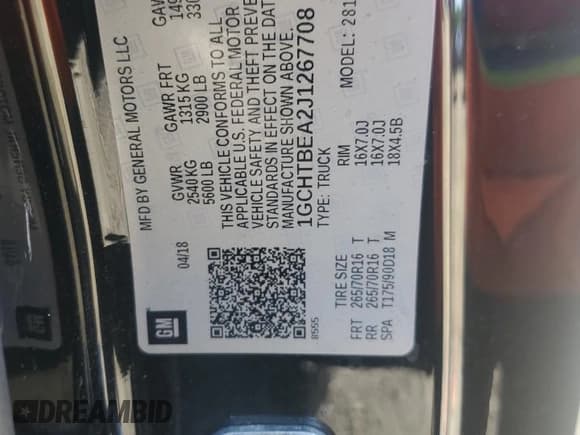 ✅ 2018 Chevrolet Colorado 4WD Work Truck • VIN: 1GCHTBEA2J1267708 • Лот: 55592744. Опубликован ранее на Copart с пробегом 119 223 миль. Бесплатный доступ к архиву аукционных продаж из США и подробный отчёт об истории автомобиля на DreamBid. Изображение 14.