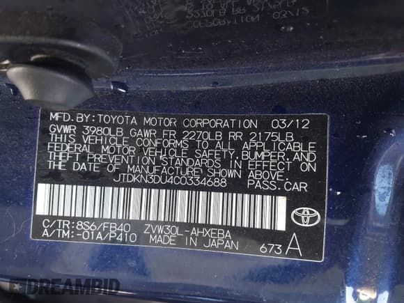 ✅ 2012 Toyota Prius Three • VIN: JTDKN3DU4C0334688 • Лот: 43459368. Опубликован ранее на IAAI с пробегом 120 428 миль. Бесплатный доступ к архиву аукционных продаж из США и подробный отчёт об истории автомобиля на DreamBid. Изображение 9.