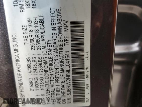 ✅ 2020 Honda CR-V EX-L • VIN: 5J6RW2H89LL041641 • Lot: 93214265. Listed on Copart with 88,874 mi. Free auction sales archive from the USA and detailed vehicle history report at DreamBid. Image 13.