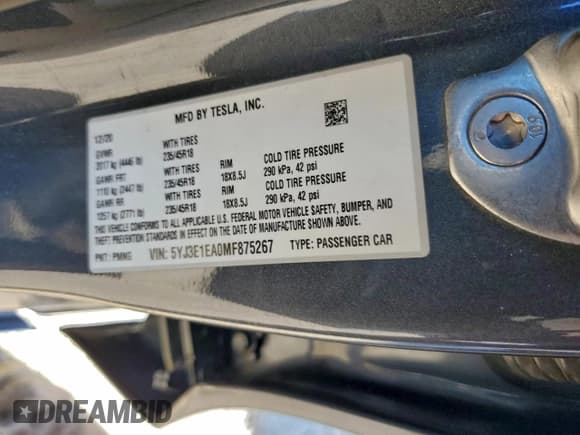 ✅ 2021 Tesla Model 3 Standard Range Plus • VIN: 5YJ3E1EA0MF875267 • Lot: 93775125. Wystawiony na Copart z przebiegiem 31 648 mil. Bezpłatny archiwum sprzedaży aukcyjnych z USA i szczegółowy raport historii pojazdu na DreamBid. Zdjęcie 12.