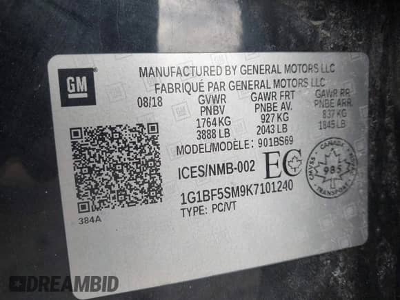 2019 Chevrolet Cruze Premier z VIN 1G1BF5SM9K7101240, wystawiony jako IAAI lot #41673049 z przebiegiem 119 025 mil mil oraz . Historia ofert i sprzedaży dostępna na DreamBid. Obrazek 9.