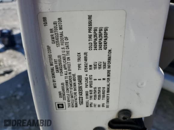 ✅ 1999 Chevrolet S-10 LS • VIN: 1GCCS14X8XK104688 • Lot: 43926165. Listed on Copart with 193,089 mi. Free auction sales archive from the USA and detailed vehicle history report at DreamBid. Image 12.