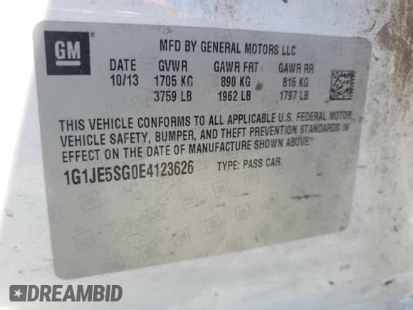 2014 Chevrolet Sonic LTZ с VIN 1G1JE5SG0E4123626, выставлен на аукционе Copart как лот 61103254 с пробегом 158 390 миль миль и Списание • Salvage title. История ставок и продаж доступна на DreamBid. Изображение 12.