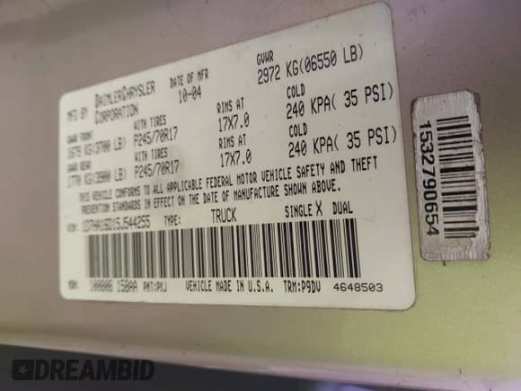 2005 Dodge 1500 SLT z VIN 1D7HA16D15J544255, wystawiony jako IAAI lot #42102314 z przebiegiem 221 854 mil mil oraz . Historia ofert i sprzedaży dostępna na DreamBid. Obrazek 9.