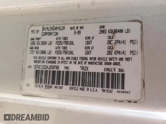 ✅ 1999 Dodge 1500 • VIN: 1B7HC13Z2XJ650706 • Lot: 90424415. Listed on Copart with 162,792 mi. Free auction sales archive from the USA and detailed vehicle history report at DreamBid. Image 12.