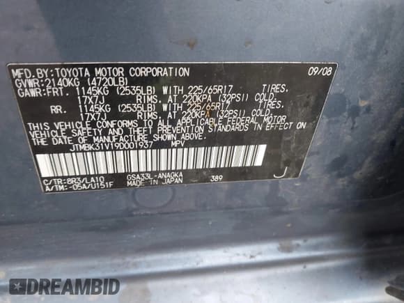 ✅ 2009 Toyota RAV4 Limited • VIN: JTMBK31V19D001937 • Lot: 43811447. Listed on IAAI with 286,538 mi. Free auction sales archive from the USA and detailed vehicle history report at DreamBid. Image 9.