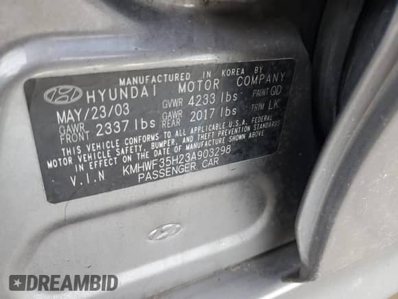 2003 Hyundai Sonata GLS с VIN KMHWF35H23A903298, выставлен на аукционе Copart как лот 43926315 с пробегом 160 166 миль миль и Чистый • Clean title. История ставок и продаж доступна на DreamBid. Изображение 12.
