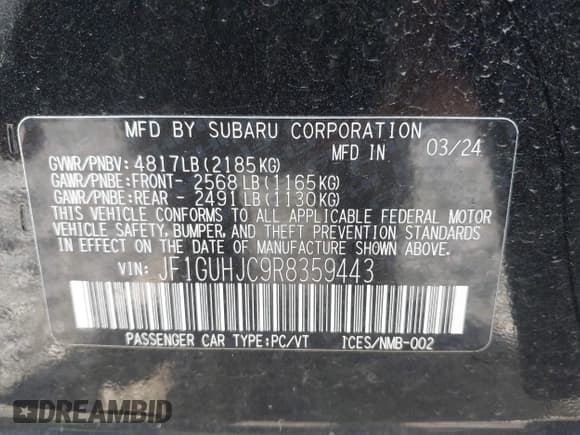 ✅ 2024 Subaru Impreza RS • VIN: JF1GUHJC9R8359443 • Лот: 43245920. Опубликован ранее на IAAI с пробегом 2 313 миль. Бесплатный доступ к архиву аукционных продаж из США и подробный отчёт об истории автомобиля на DreamBid. Изображение 9.