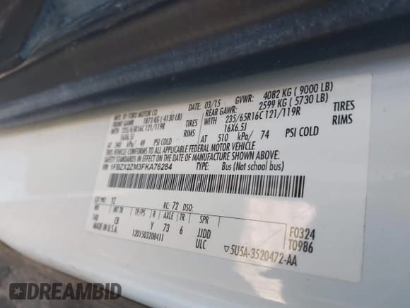 ✅ 2015 Ford Transit XL • VIN: 1FBZX2ZM3FKA76284 • Lot: 41047457. Wystawiony na IAAI z przebiegiem 191 400 mil. Bezpłatny archiwum sprzedaży aukcyjnych z USA i szczegółowy raport historii pojazdu na DreamBid. Zdjęcie 9.