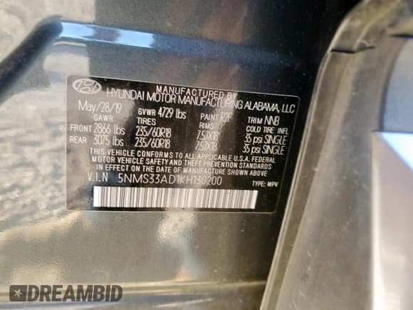 ✅ 2019 Hyundai Santa Fe SEL • VIN: 5NMS33AD1KH130200 • Lot: 91327125. Listed on Copart with 53,375 mi. Free auction sales archive from the USA and detailed vehicle history report at DreamBid. Image 14.