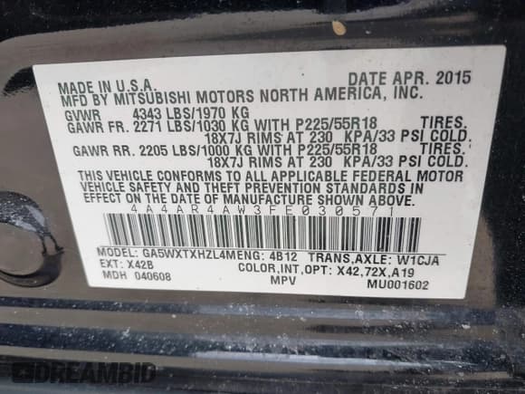 ✅ 2015 Mitsubishi Outlander GT • VIN: 4A4AR4AW3FE030571 • Lot: 41970360. Listed on IAAI with 74,683 mi. Free auction sales archive from the USA and detailed vehicle history report at DreamBid. Image 9.