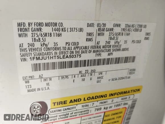 ✅ 2020 Ford Expedition XLT • VIN: 1FMJU1HT5LEA50375 • Lot: 42866942. Listed on IAAI with 23,030 mi. Free auction sales archive from the USA and detailed vehicle history report at DreamBid. Image 9.