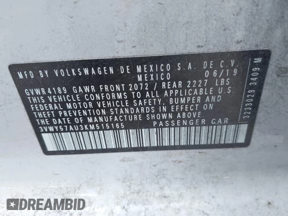 ✅ 2019 Volkswagen Golf S • VIN: 3VWY57AU3KM515165 • Lot: 42300097. Listed on IAAI with 159,618 mi. Free auction sales archive from the USA and detailed vehicle history report at DreamBid. Image 9.