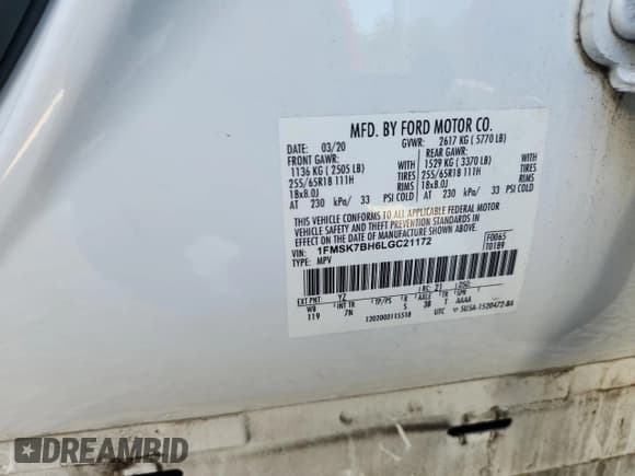 ✅ 2020 Ford Explorer • VIN: 1FMSK7BH6LGC21172 • Lot: 71667005. Wystawiony na Copart z przebiegiem 115 318 mil. Bezpłatny archiwum sprzedaży aukcyjnych z USA i szczegółowy raport historii pojazdu na DreamBid. Zdjęcie 14.