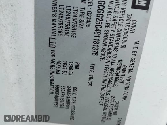 ✅ 2008 Chevrolet Express Cargo • VIN: 1GCGG25C481181375 • Lot: 63043075. Listed on Copart with Not provided. Free auction sales archive from the USA and detailed vehicle history report at DreamBid. Image 13.