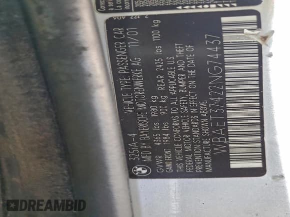 ✅ 2002 BMW 3 Series 325i • VIN: WBAET37422NG74437 • Lot: 94828015. Wystawiony na Copart z przebiegiem 217 426 mil. Bezpłatny archiwum sprzedaży aukcyjnych z USA i szczegółowy raport historii pojazdu na DreamBid. Zdjęcie 12.