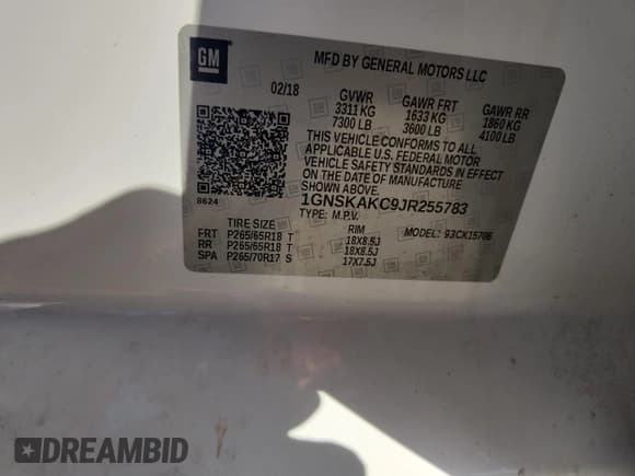 ✅ 2018 Chevrolet Tahoe LS • VIN: 1GNSKAKC9JR255783 • Lot: 90472475. Listed on Copart with 86,957 mi. Free auction sales archive from the USA and detailed vehicle history report at DreamBid. Image 13.