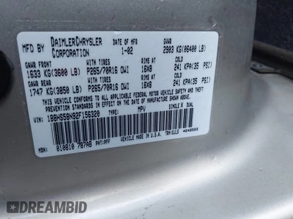 ✅ 2002 Dodge Durango • VIN: 1B8HS58N92F156320 • Лот: 43597553. Опубликован ранее на IAAI с пробегом 213 369 миль. Бесплатный доступ к архиву аукционных продаж из США и подробный отчёт об истории автомобиля на DreamBid. Изображение 9.