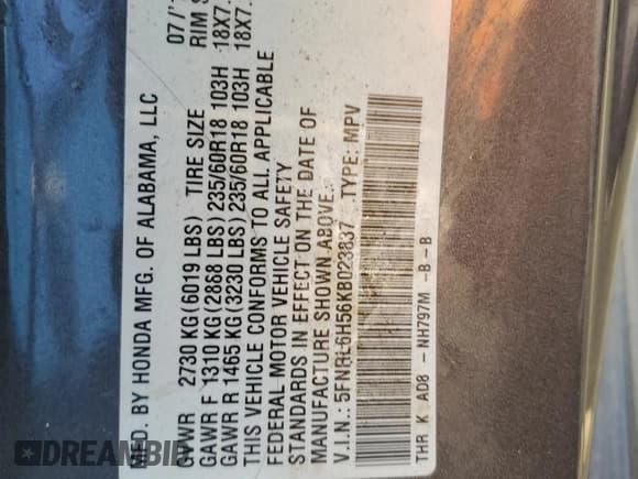 ✅ 2019 Honda Odyssey EX • VIN: 5FNRL6H56KB023837 • Lot: 82291305. Listed on Copart with 134,386 mi. Free auction sales archive from the USA and detailed vehicle history report at DreamBid. Image 13.