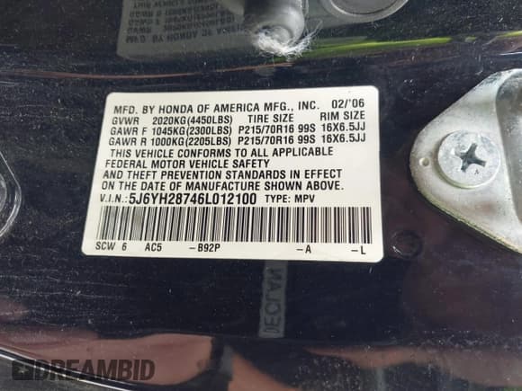 ✅ 2006 Honda Element EX-P • VIN: 5J6YH28746L012100 • Lot: 43027465. Listed on IAAI with 185,618 mi. Free auction sales archive from the USA and detailed vehicle history report at DreamBid. Image 9.