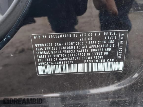 ✅ 2012 Volkswagen Jetta S • VIN: 3VW2K7AJ3CM345279 • Лот: 42208768. Опубликован ранее на IAAI с пробегом 102 237 миль. Бесплатный доступ к архиву аукционных продаж из США и подробный отчёт об истории автомобиля на DreamBid. Изображение 9.