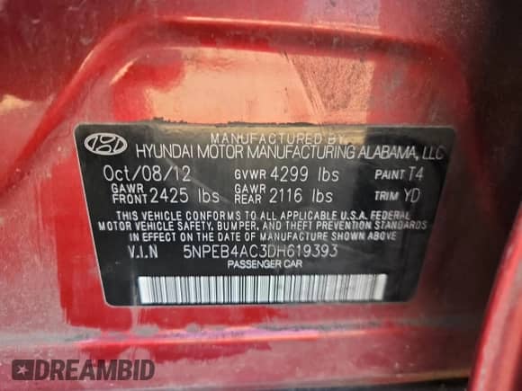 2013 Hyundai Sonata GLS with VIN 5NPEB4AC3DH619393, listed as a Copart auction lot 80090475 with 187,446 mi miles and Salvage title. Bid and sale history available at DreamBid. Image 12.